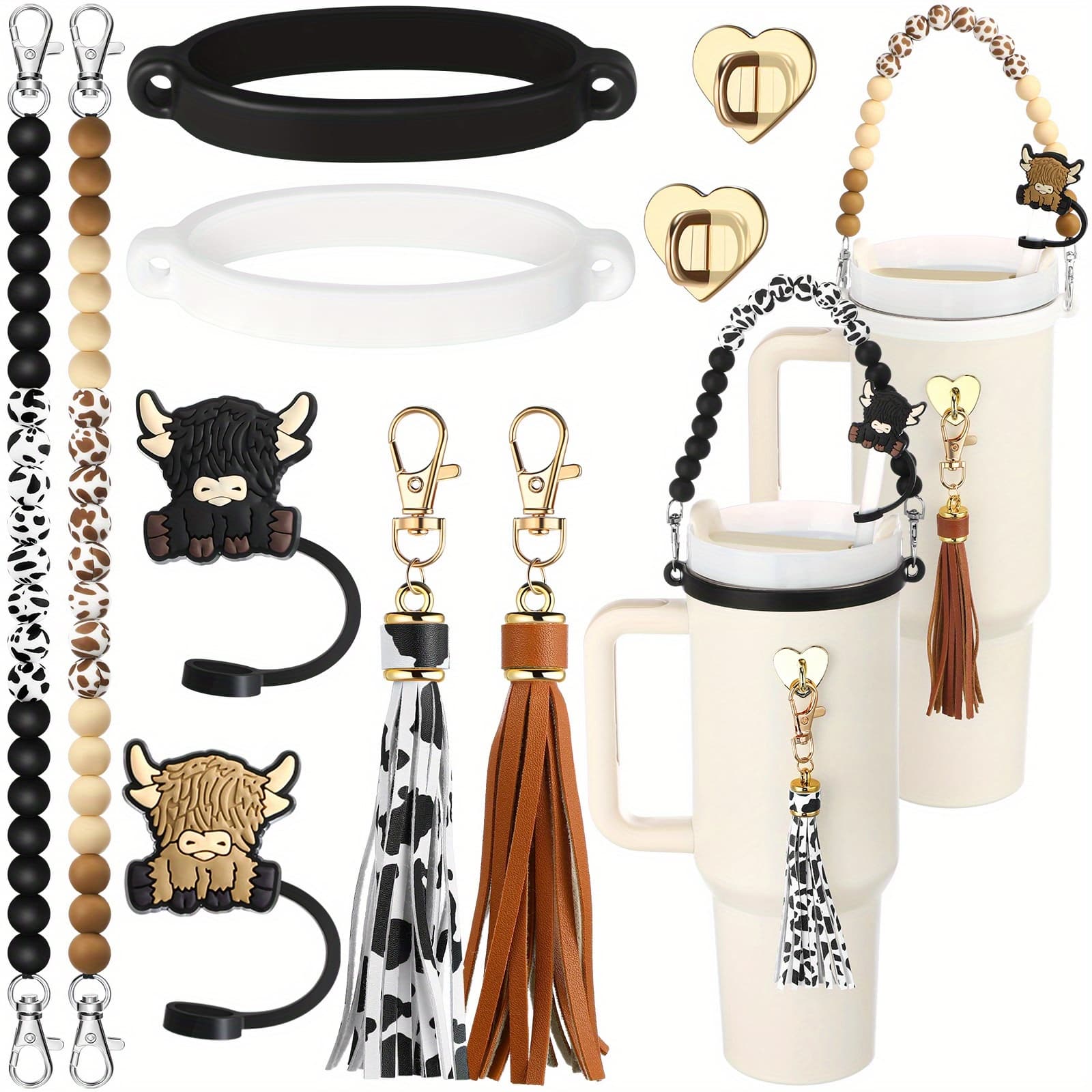 TEMU 2 Set Highland Cow Cup Accessories Set Compatible With Cup Beaded Bottle Strap Tassel Charm Cow Rubber Ring Straw Cover For 8-40oz Tumbler