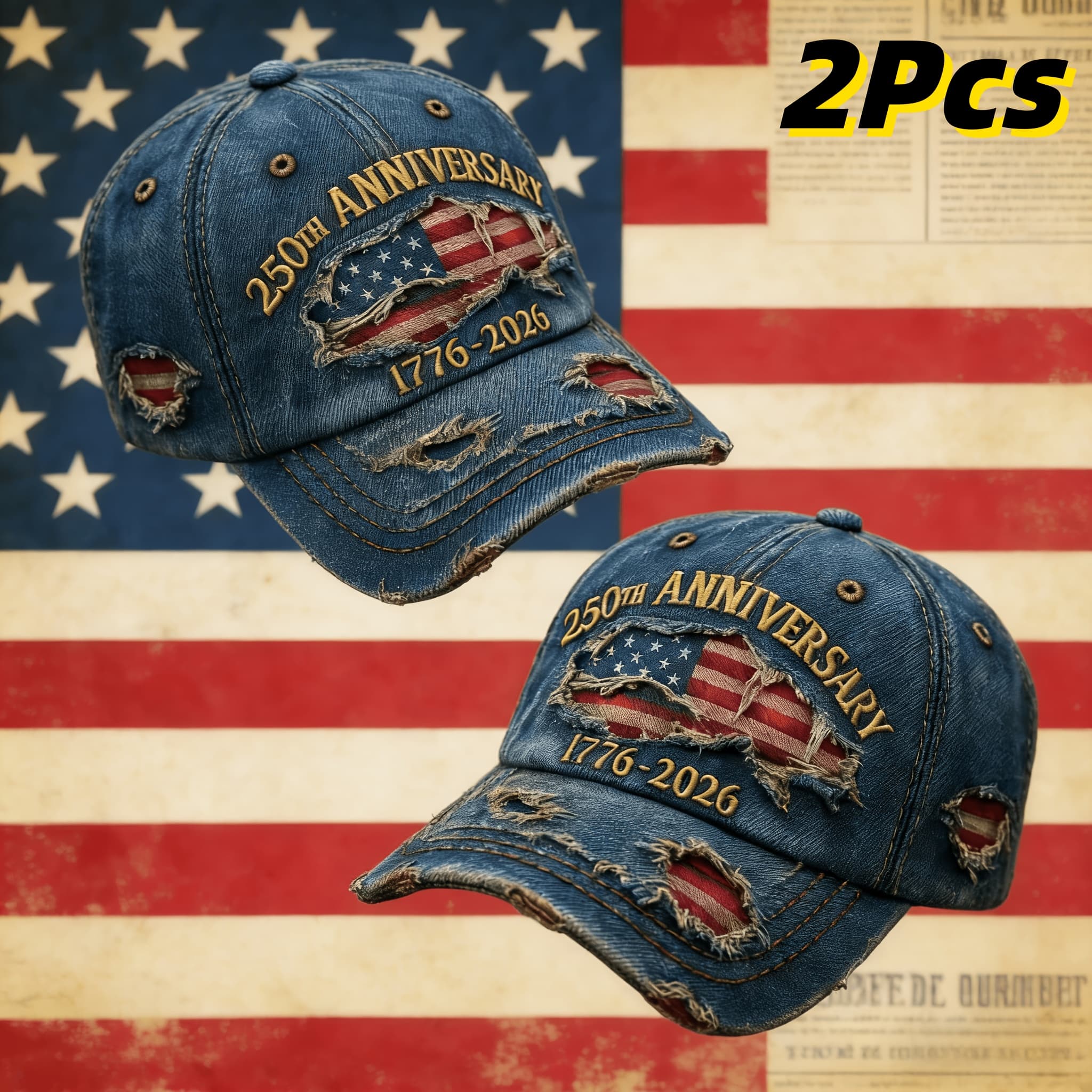 TEMU 2 - Piece 250th Anniversary Casual Baseball Caps From 1776 - 2026 Baseball Caps With Ripped Jeans And Embroidered Blue Vintage - Style Baseball Caps Hand - Washable Or Dry - Baseball Caps