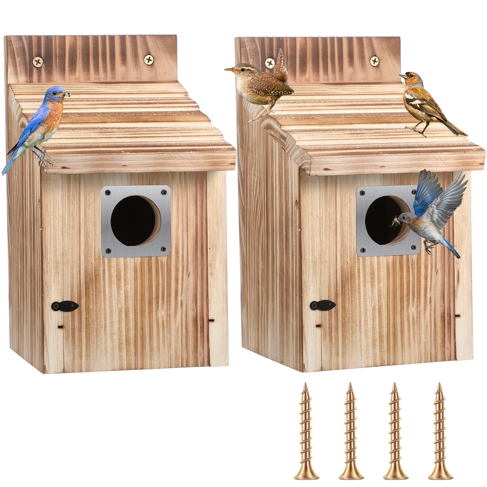 TEMU 2 Pack Cedar Bluebird Box Houses For Outside, 1-1/2" Entrance Hole Wooden Bird Houses With Metal , Secure , , Air Vents For Bluebird Swallow Finch