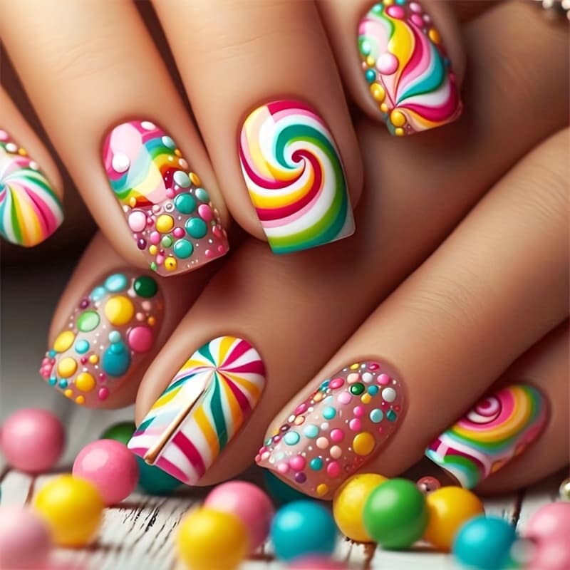 TEMU 48pcs Sweet Lollipop Press-on Nails - Colorful Polka Dot & Designs, Glossy Short Square Fake Nails With Nail File & Jelly Glue For Women & All Nail Types