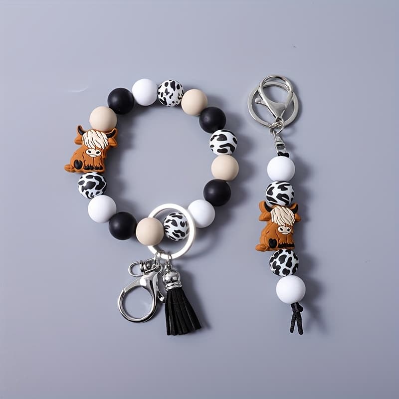 TEMU 2pcs Cartoon Animal Women's Keychain Handmade Beaded Wrist Keychain Western Retro Tassel Wrist Keyring Gift For