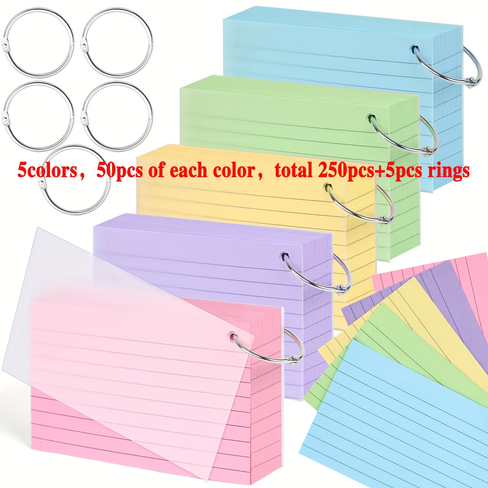 TEMU 255pcs (250pcs Flash Cards With 5pcs Ring), Colored Index Cards With Cover 3x5inches Note Cards In 5 Colors For Studying