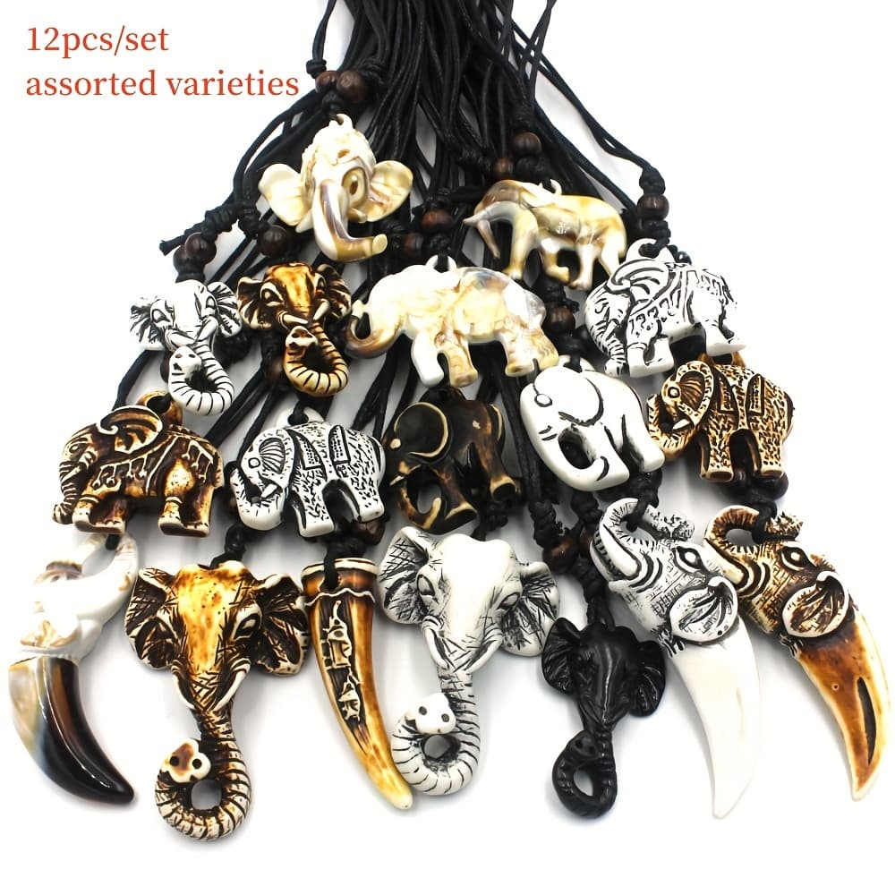 TEMU 12pcs Random Style Bone Carved Elephant Pendant Necklace For Men And Women, Tribal Style Charms Wholesale