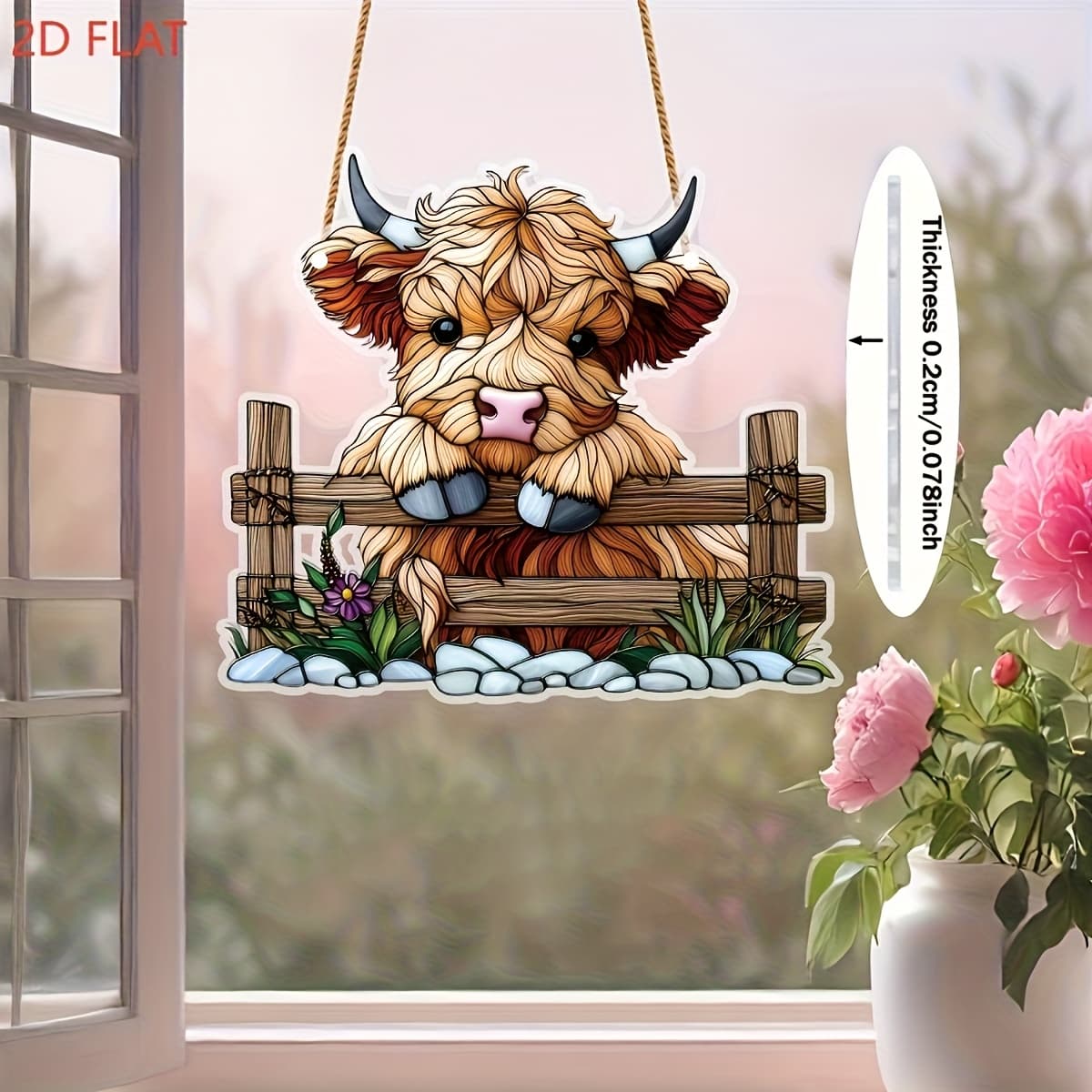 TEMU 2d Flat - [2d Flat] 1pc 2d Flat Highland Cow Acrylic Light Catcher - Country Style Fence And , Multi-functional Indoor/outdoor Hanging Decoration, Perfect For Gifts