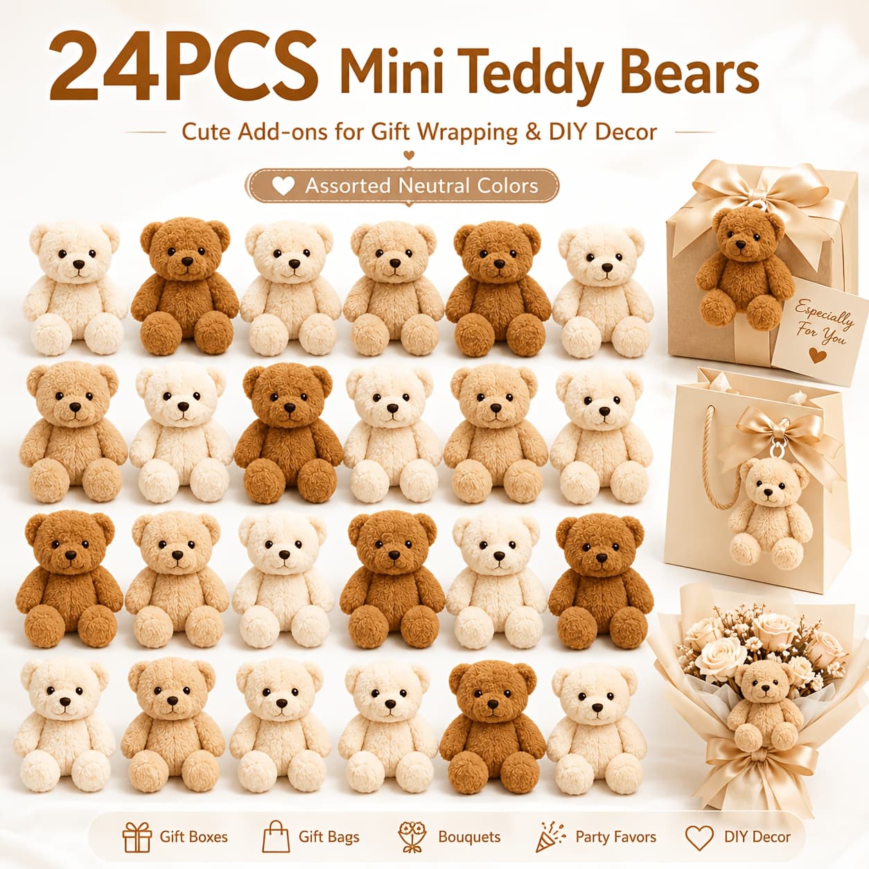 TEMU 24pcs Mini With Hanging Loop, Cute Plush Bear Charms For Gift Wrapping, Gift Bags, Bouquets, Crafts, Party Favors & Handmade Decor
