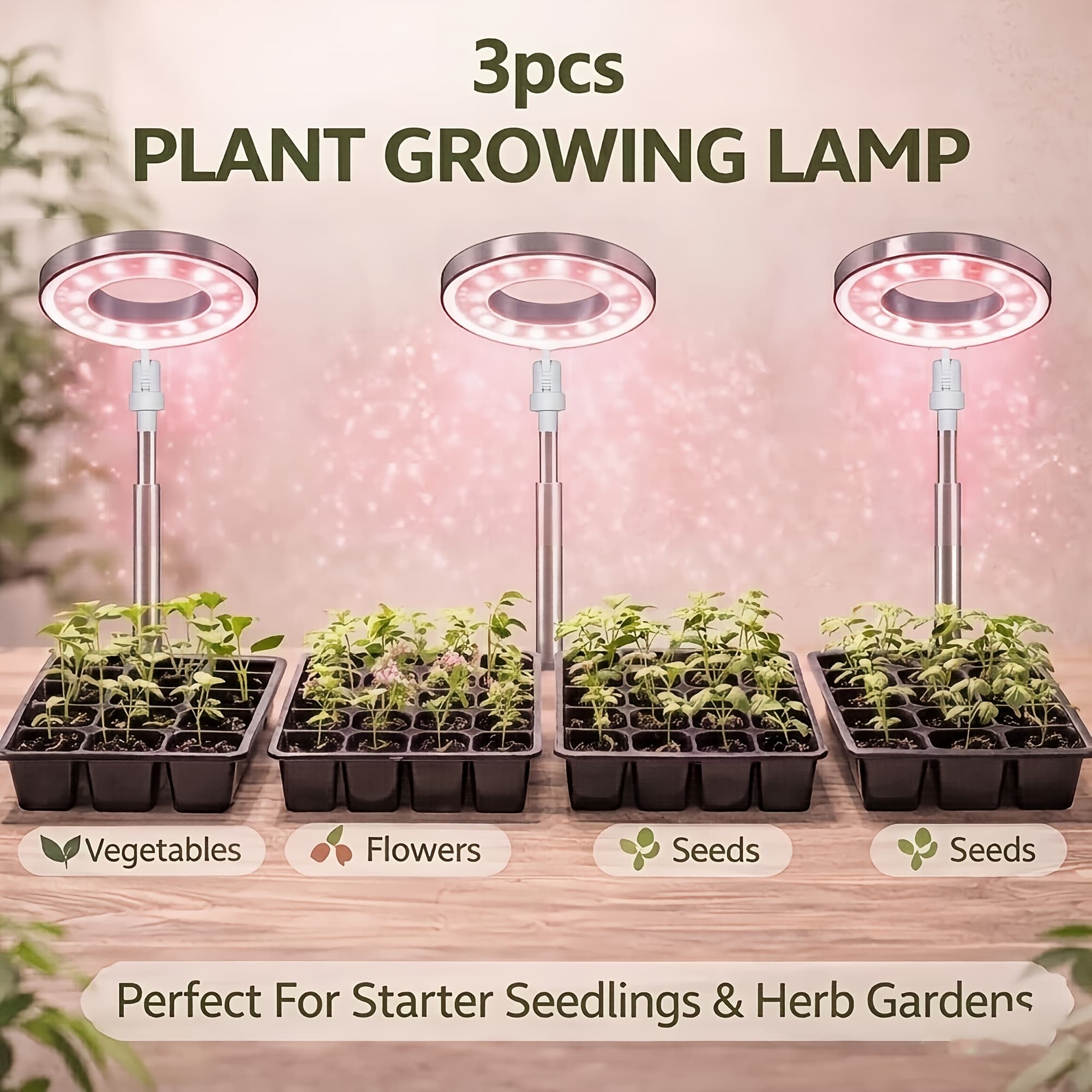 TEMU 3-pack Full Led Grow Lights, Dimmable And Height Adjustable Desk Plant Lights With For Succulents, Flowers, And Small Indoor Plants