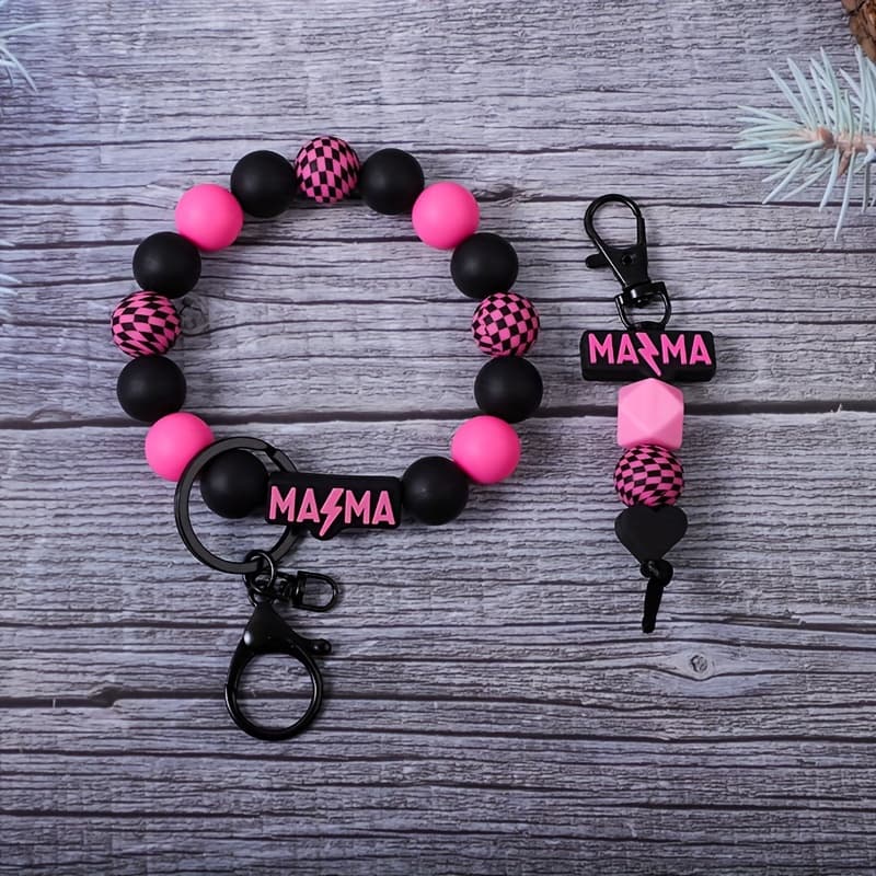 TEMU 2pcs Handmade Mama Checkered Bead Bead Keychain Key Pendant Bag Hanger Anti Loss Chain Gift For Ladies And Mothers