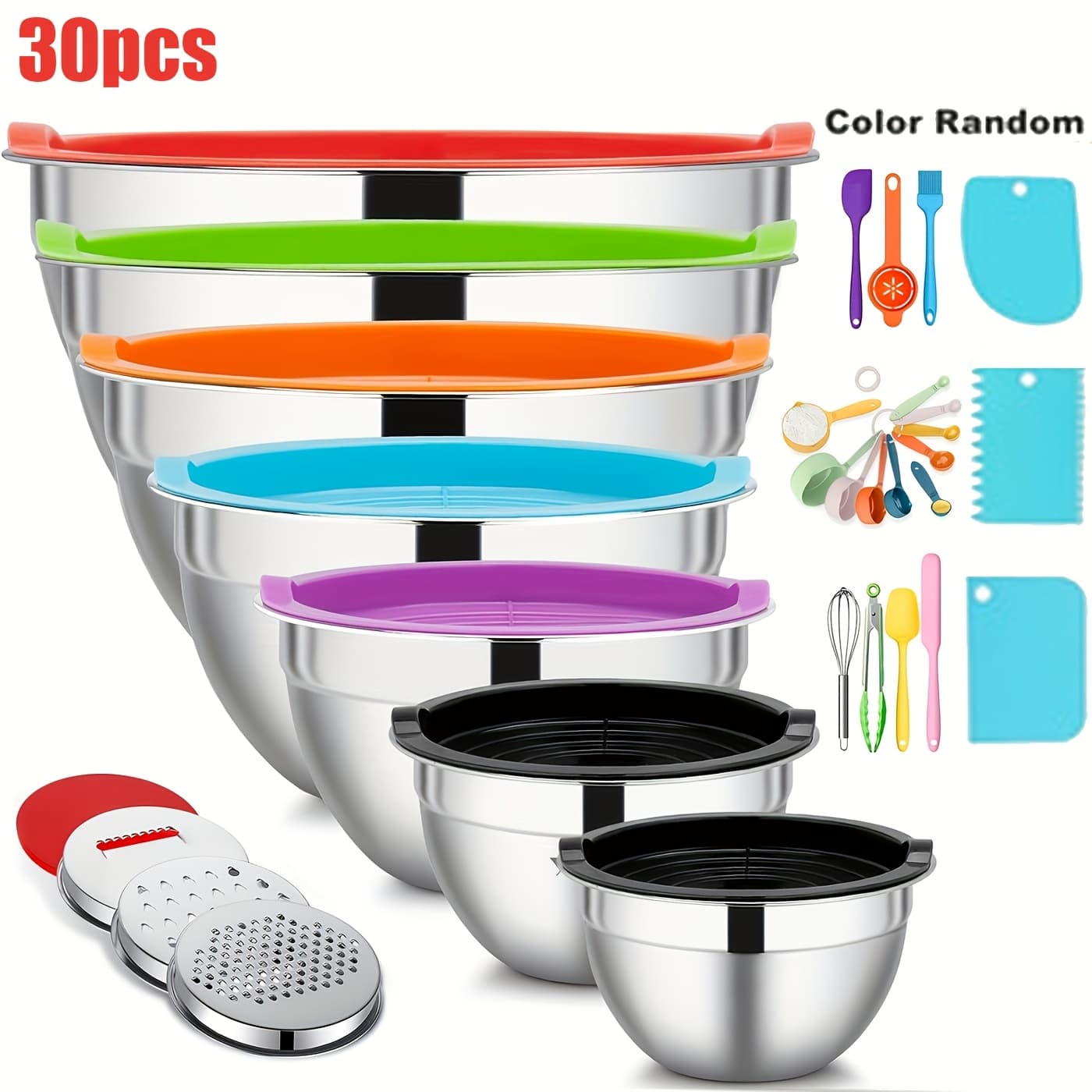TEMU 25/30pcs Stainless Steel Mixing Bowls Set With Airtight Lids, Oval Nesting Bowls, Rust Resistant & Non-slip Silicone Bottom, Polished , For Mixing, Baking, Serving