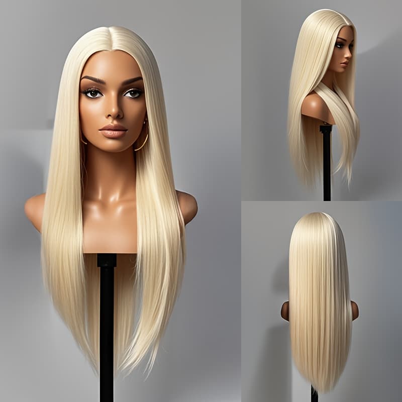 TEMU Long Blonde Wigs Resistant Fiber Synthetic Layered Straight Blonde Midlle Part Wigs Women Wigs For Chrismas Daily Used
