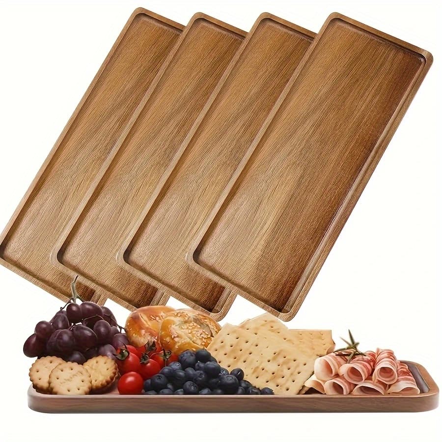 TEMU 4pcs/8pcs Afternoon Tea Dim Sum Cake Tray Retro Storage Tray, Rectangular Wooden Serving Tray Long Cheese Cooked Board With For Food Vegetable Appetizer Party Decoration