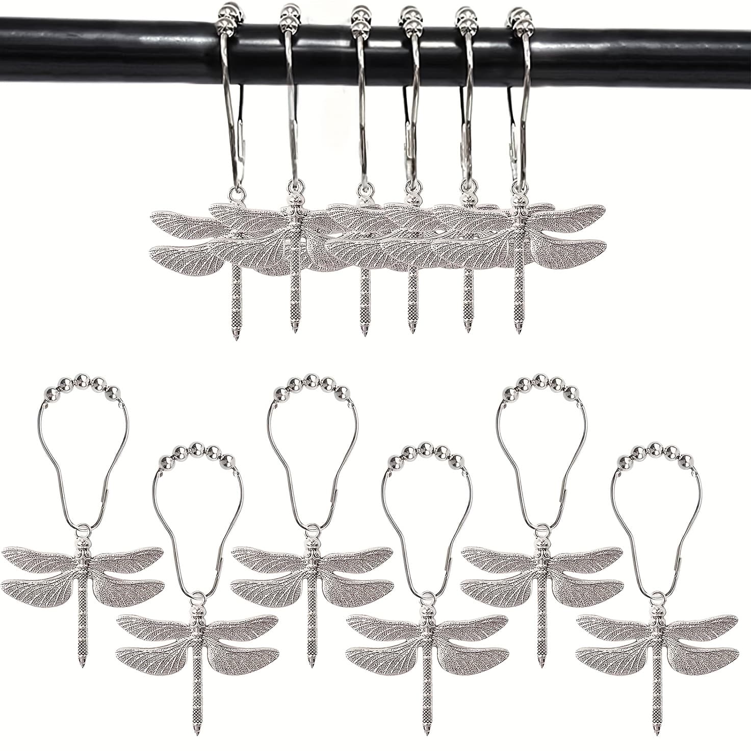 TEMU Set Of 12 Shower Curtain Hooks Designed Like Dragonflies - Made From Durable, Rust-resistant Metal With Pearl Accents, Perfect For A Insect Theme To Your Bathroom Decor