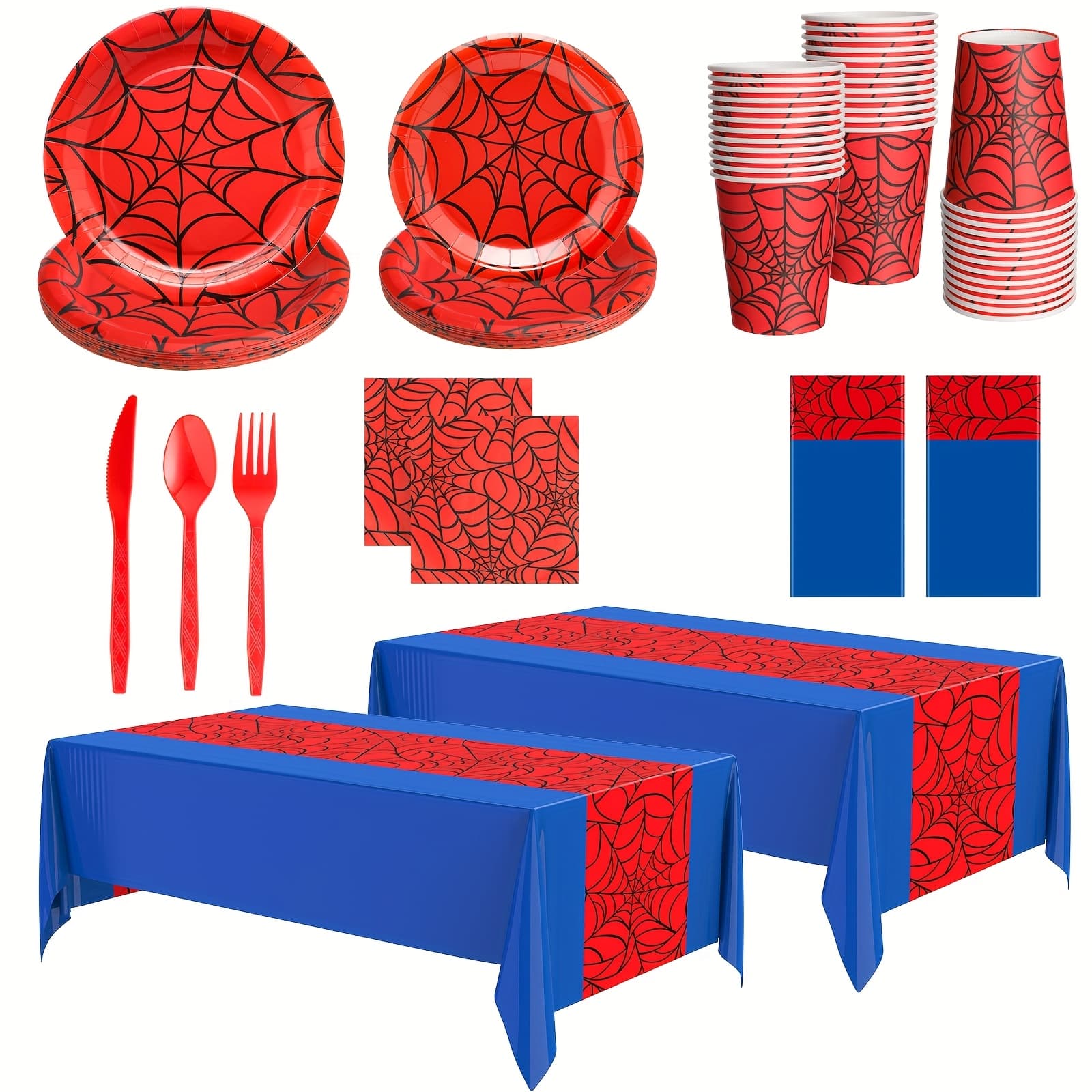 TEMU Party Supplies Set 162 Birthday Party Decoration Supplies Red Blue Disposable Rectangular Web Tablecloth Paper Plates Napkins Cups Set Plastic Dinner Tableware Forks Spoons Knifes