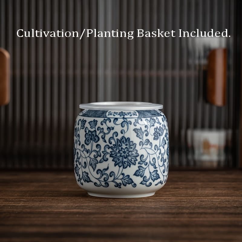 TEMU Ceramic Blue And White Hydroponic Planter With Basket, Pothos And Vase, Home Desktop Flower Vessel Ornament, Suitable For Living Room, Study, Indoor And Outdoor Use Gardening Gift,home Decor
