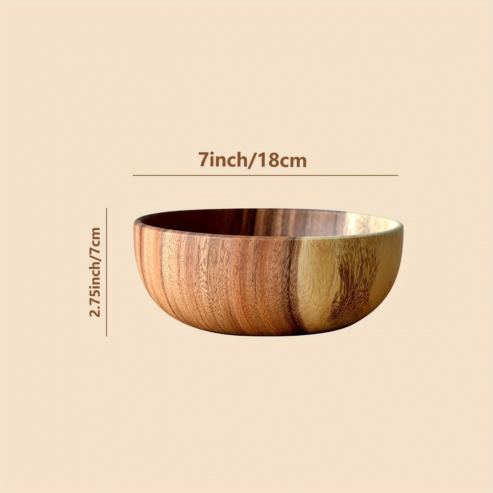 TEMU Large Acacia Wood Mixing Bowl, Salad Bowl, Serving Plate, 18cm/7.09in Handmade, Striped Design, Reusable, Suitable For Mixing, Serving Salad And Noodles, Great For Home Kitchen And Outdoor Picnic