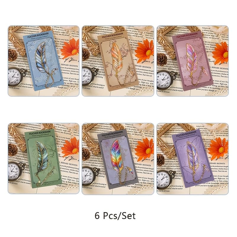 TEMU 6pcs Texture Feather Shape Metal Bookmarks With Pendants, Durable Iron Alloy Material, Vintage Feather Style Bookmarks Exquisite Feather Bookmark For Book Lover, Writer And Reader