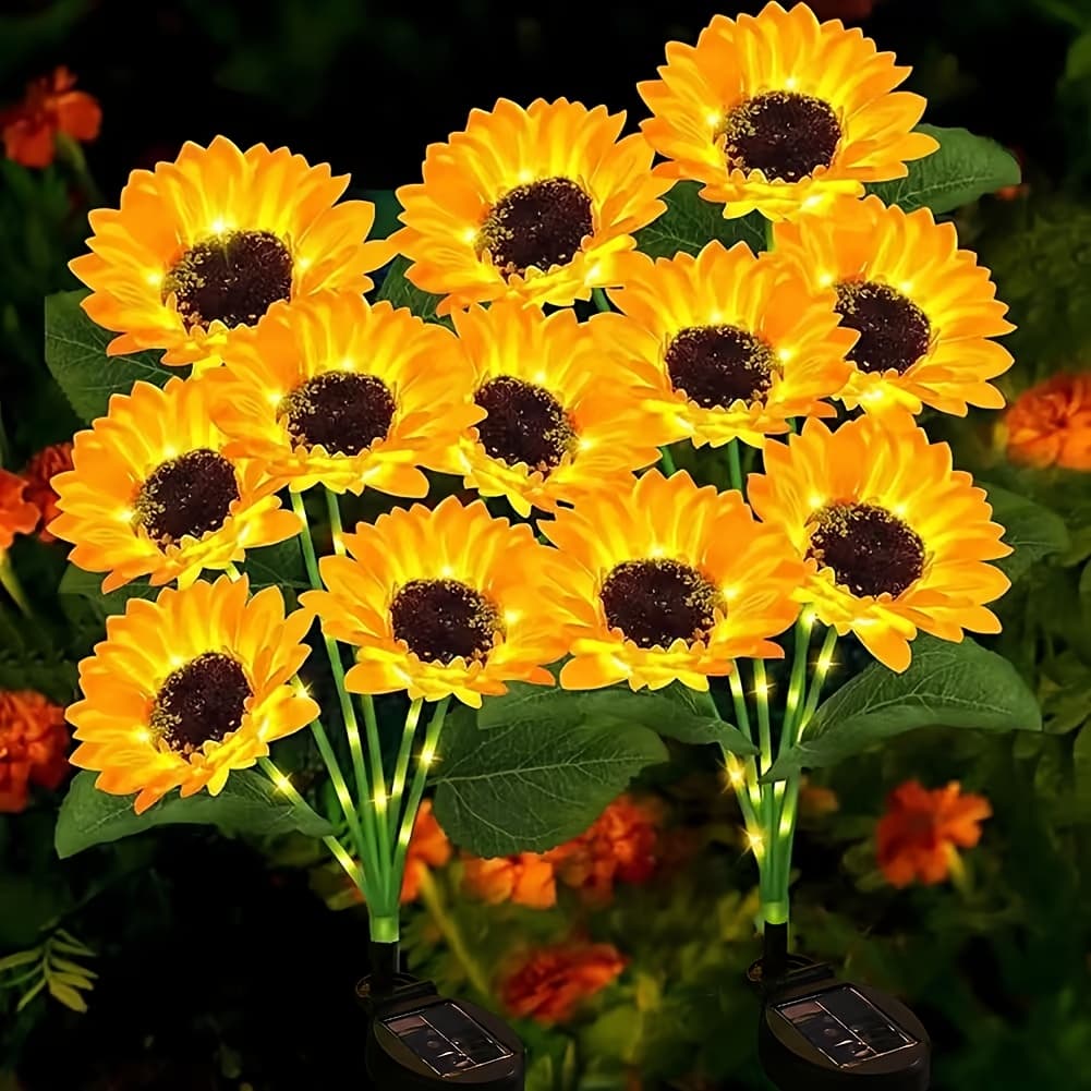TEMU Artificial Flowers 2pcs Solar Sunflower Lights, Outdoor Garden Stake Lights, 12 Outdoor Party Sunflower Lights, Gardening Gifts, Cemetery Courtyard Path Parties, Warm Gifts Waterproof