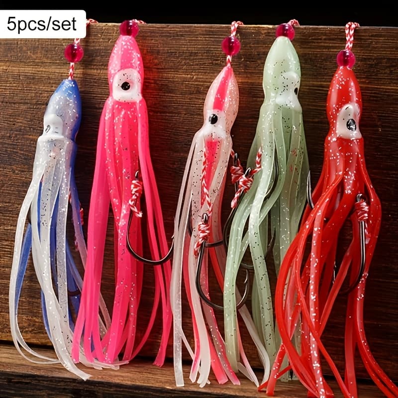TEMU Set Of 5 Glowing Squid Lures Designed For Saltwater Trolling, Featuring Double Hooks And Luminous Beads, Made From Soft Plastic