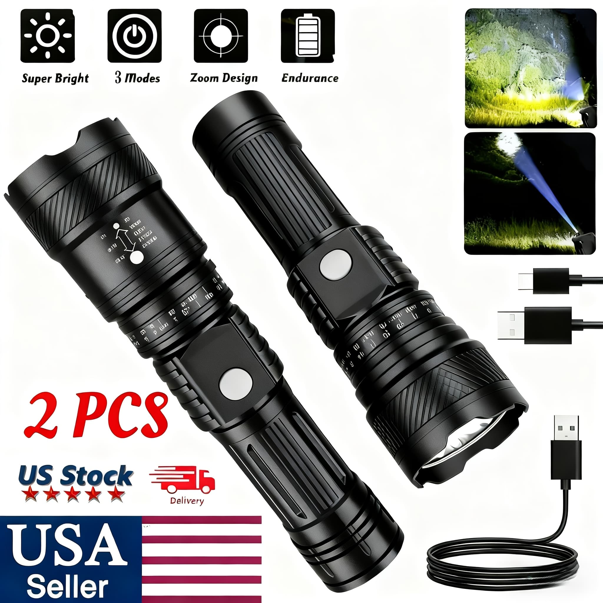 TEMU 2/4pcs Portable Flashlight, Usb And Solar Charging, 6 Suitable For , Easy And Portable, With Side Led, , Long , Suitable For Home, Camping, Fishing And Other , Tactical Flashlight