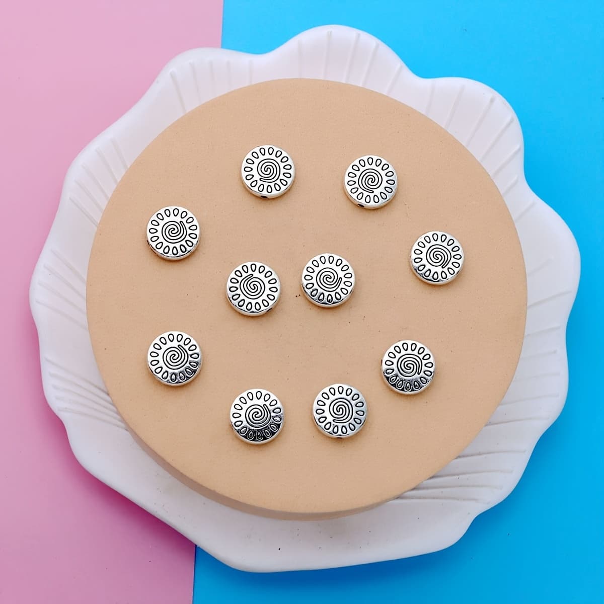 TEMU 10pcs Ancient Silvery Round Flower Vortex Round Spacer Beads Antique Silvery Plated Loose Beads Jewelry Making Bracelet Accessories Diy