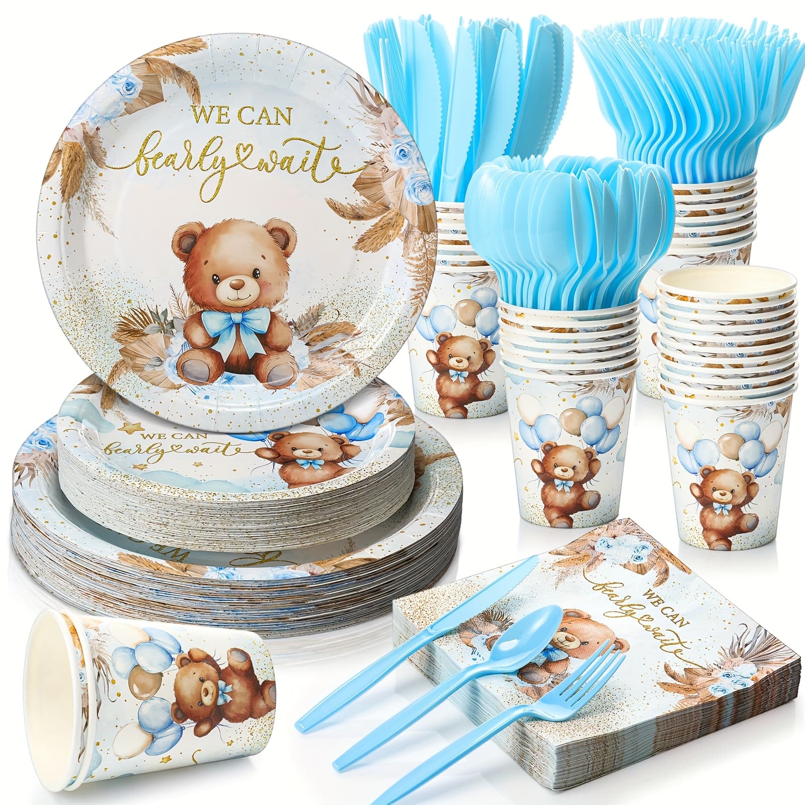TEMU 350pcs Shower Party Supplies Shower Party Decoration Pumpkin Rainbow Tableware Set Disposable Plates Napkins Paper Cup Plastic Cutlery Serves 50(bear)