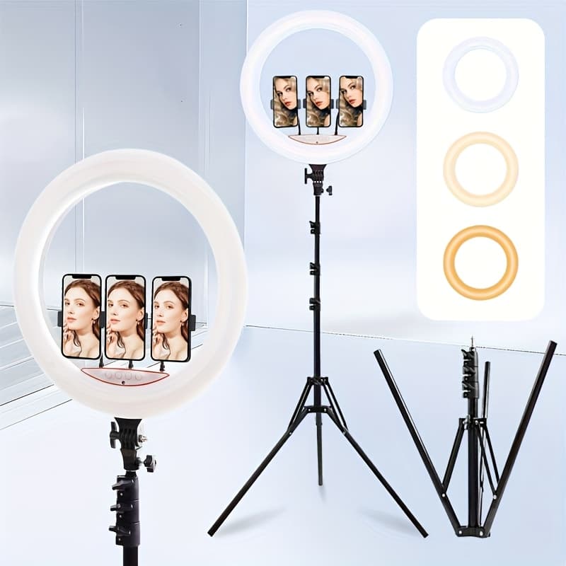 TEMU 18" With Adjustable Tripod & 3 Phone Holders -dimmable Makeup Selfie Light For Live Streaming, Tiktok, Youtube, Zoom Meetings, Beauty Tutorials, Vlogging, Photography & Video Recording