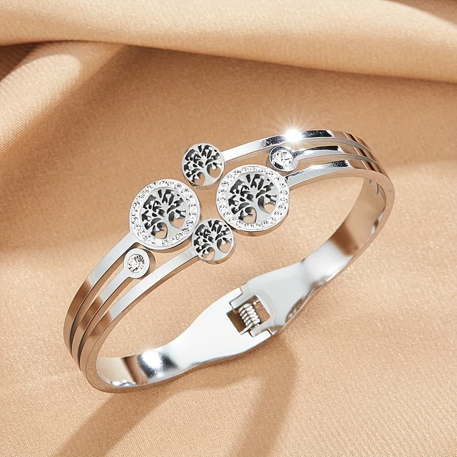 TEMU 1 Men' Stainless Steel Tree Of Life Inlaid Bangle Bangle Bracelet