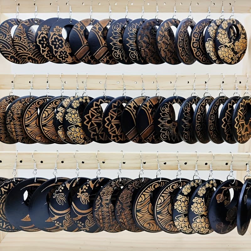 TEMU 10 Pairs Of Black Printed Carved Totem Solid Wood Hollow Earrings Retro Ethnic Women's Circular Earrings Personalized Additions