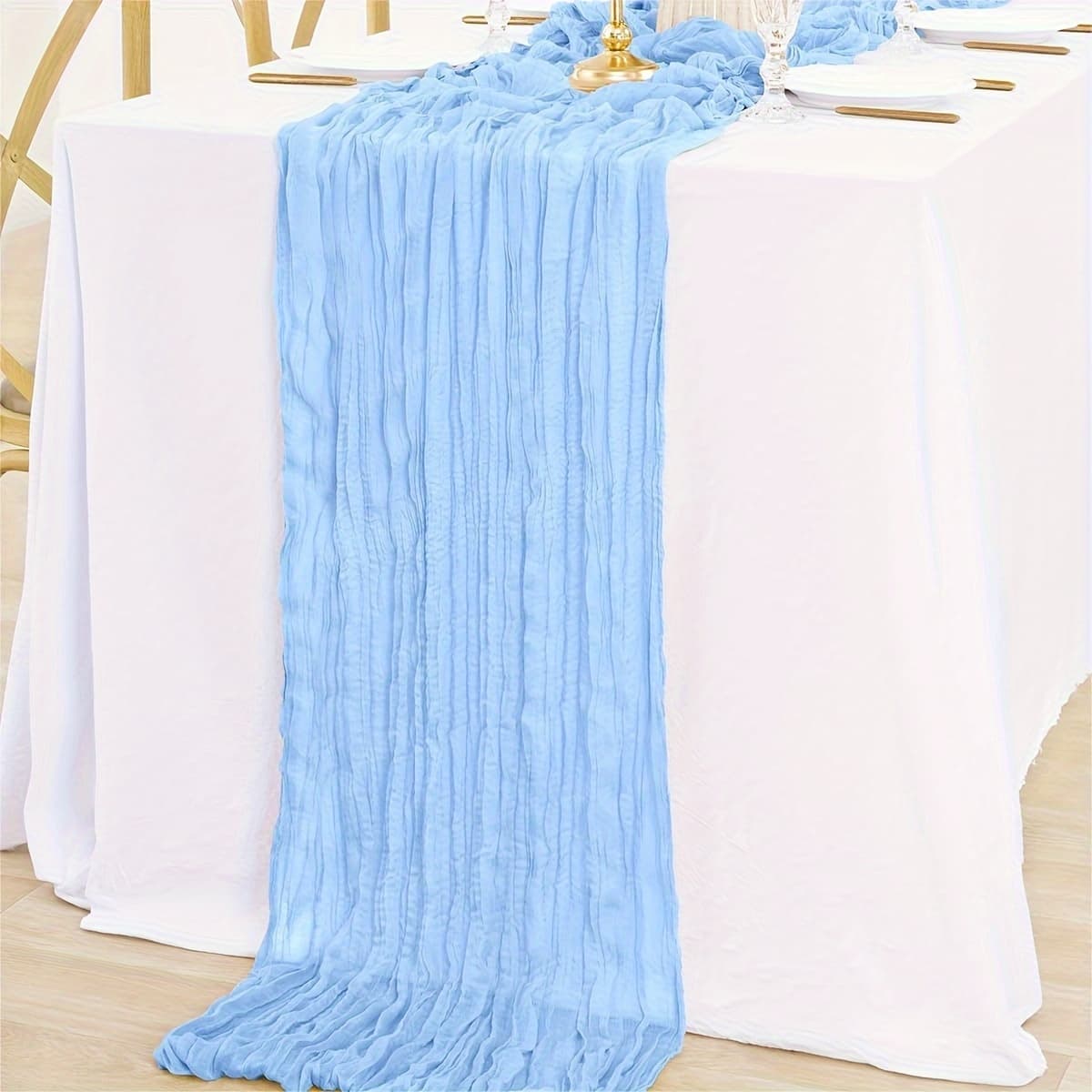 TEMU Elegant Light Blue Gauze Table Runner - 35" X 118" Sheer Pleated Design For Wedding Reception, Bridal Shower & Party Decor