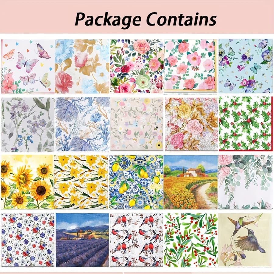 TEMU Floral Decoupage Paper Napkins, 20pcs 20 Styles Assorted Decorative Cocktail Napkins For Diy Rafting Birthday Party Wedding Christmas Celebration, Each 13 Inch