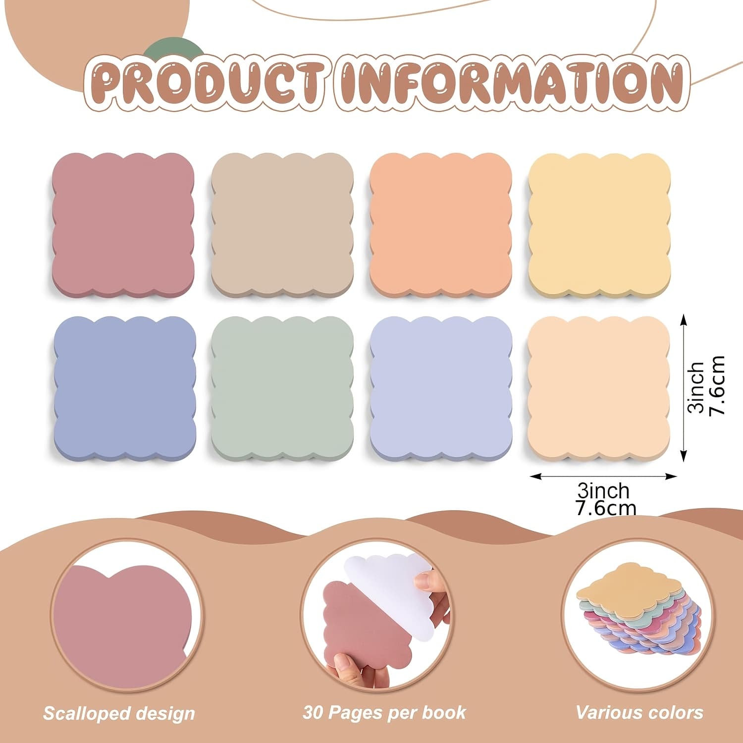 TEMU Set Of 8 Pastel-colored Scalloped Sticky Notes, Wavy Self-adhesive Pads, Vibrant Vintage Memo Sheets, Totaling 240 Sheets, Measuring 3×3 Inches, Suitable For School And Office Use