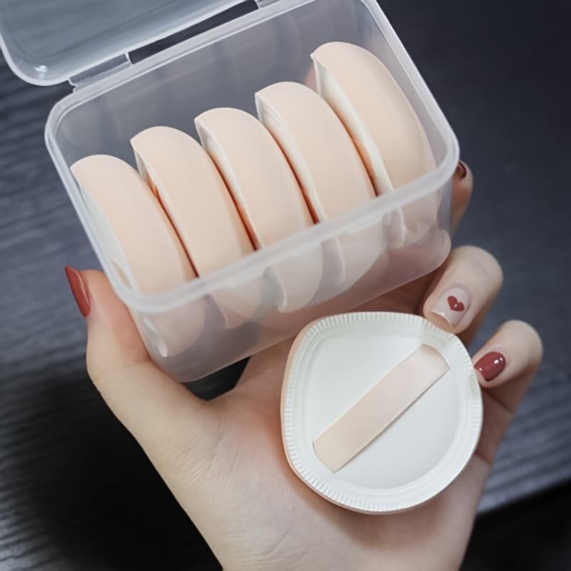 TEMU 5pcs Round Shape Portable Foundation Powder Puff Drop Shape Beauty Makeup Sponge Blender With Container Make Up Cosmetic Puff With Case Cushion Puff With Box For Travel Women Makeup Tool