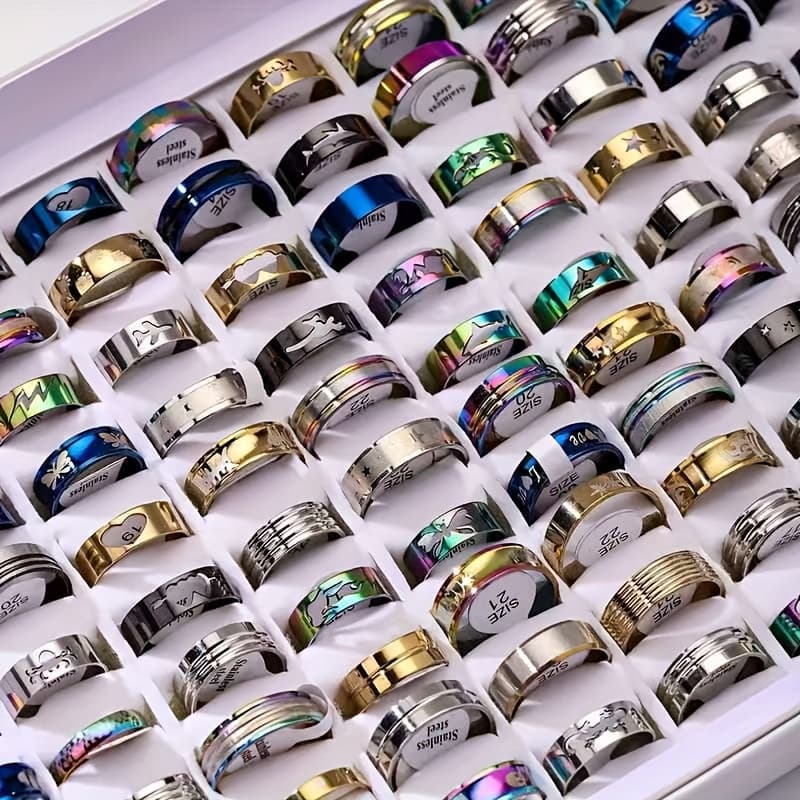 TEMU 10pcs Men's And Women's Ring Fashion Vintage Pattern Carved Stainless Steel Ring, Random Style, Color, Suitable For Daily Holiday Gifts, A Of Parties.