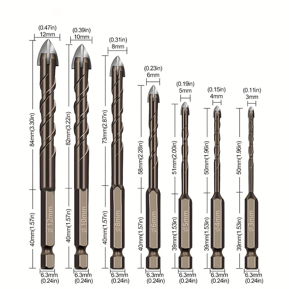 TEMU 7 Pack 3/4/5/6/8/10/12mm 4-flute Serrated Drill Bits, Alloy 4-flute Serrated Drill Bits, Dry Drill Bits, Tile Twist Drill Bits For Wood, Marble, Metal, Concrete, Wall Tile