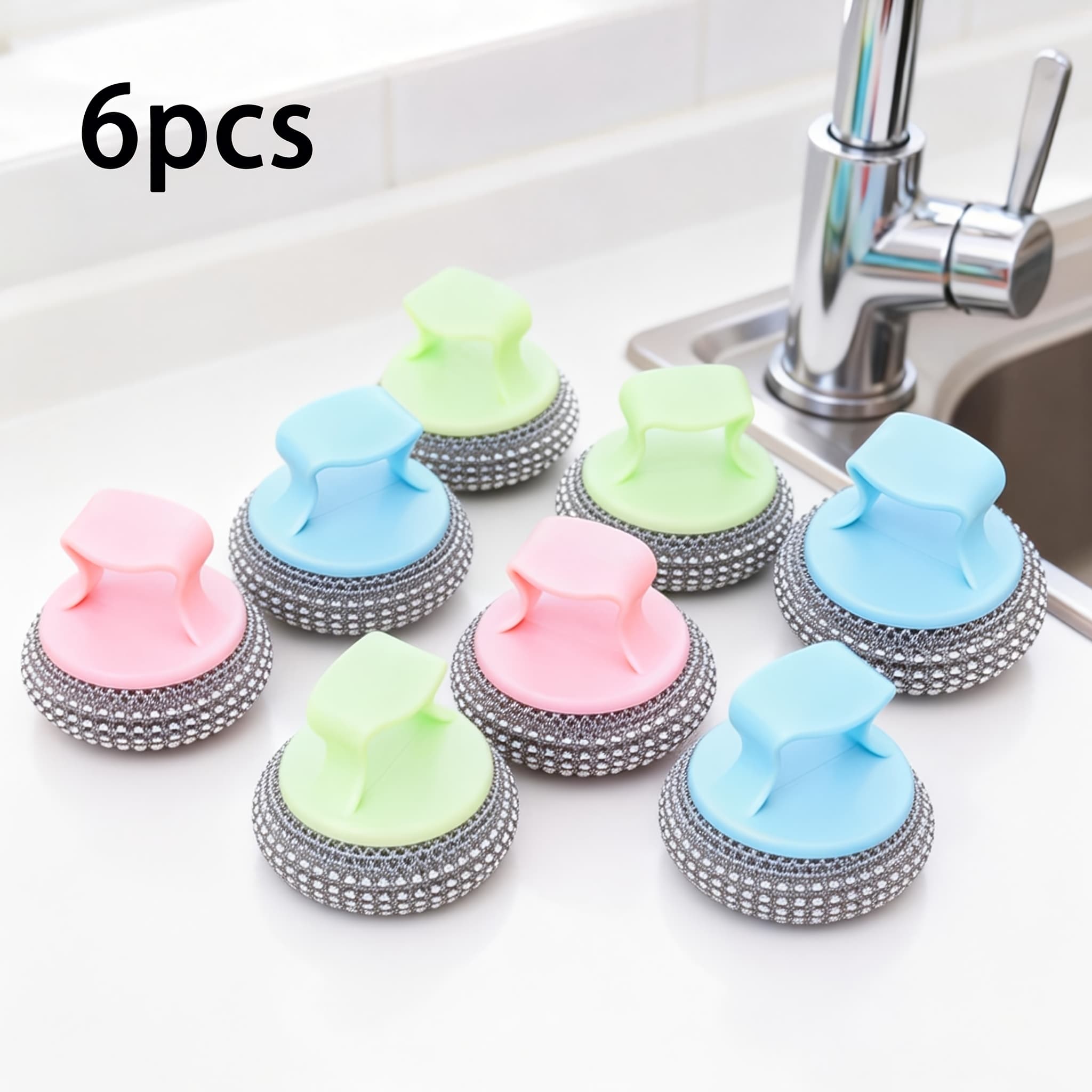 TEMU 6pcs Stainless Steel Sponge Handle Scrub Brush, Detachable Nano Scouring Balls, Anti-scratch Residue-free Multifunctional Cleaning Brush For Home Kitchen Dishwashing Pot Scrubbing Random Color