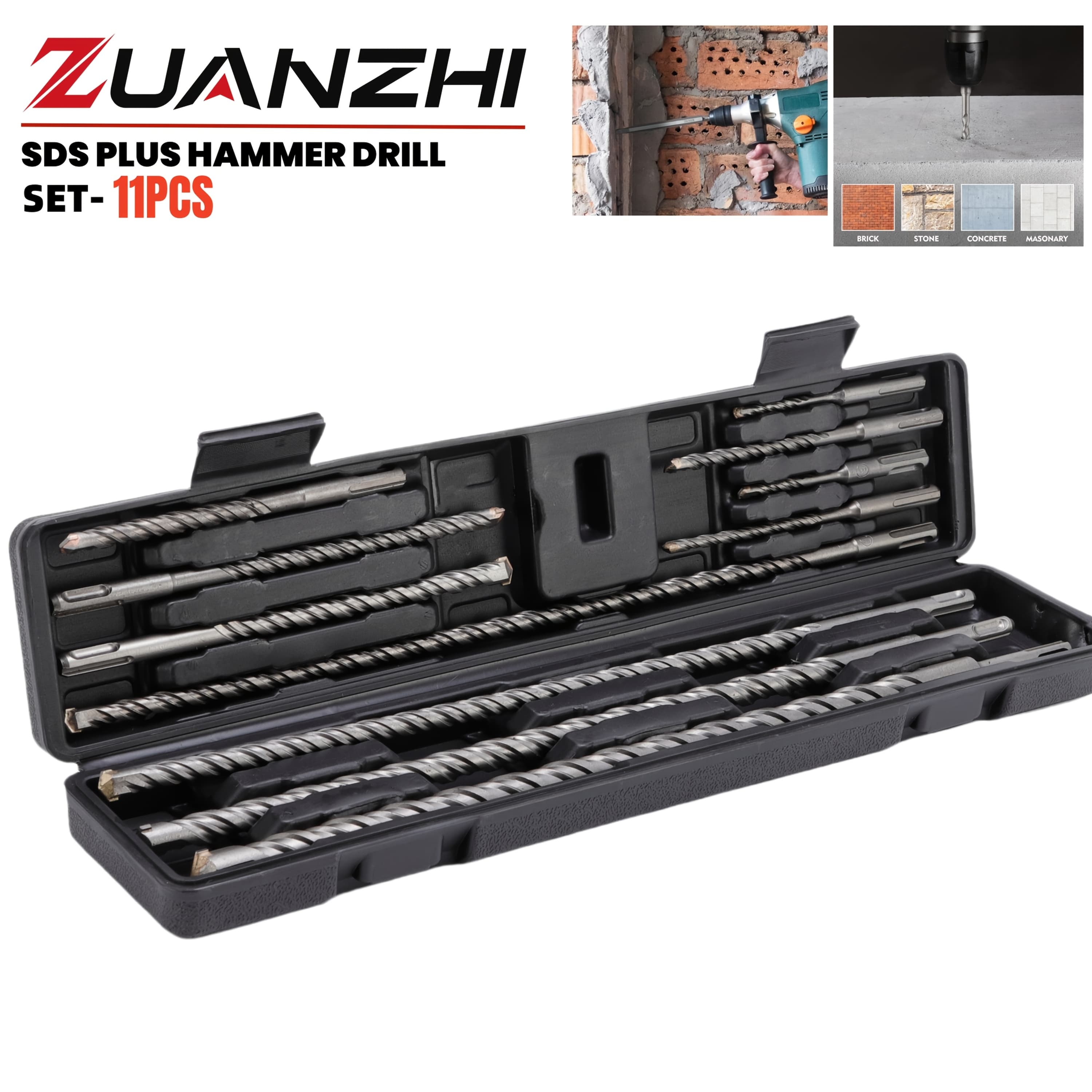 TEMU 11pcs Sds Hammer Drill Bits Set, Sds Plus Concrete Masonry Hole Tool Drill Bits For Concrete, Stone, Brick, With Portable Storage Case110mm/160mm/210mm/450mm Long Drill Bit