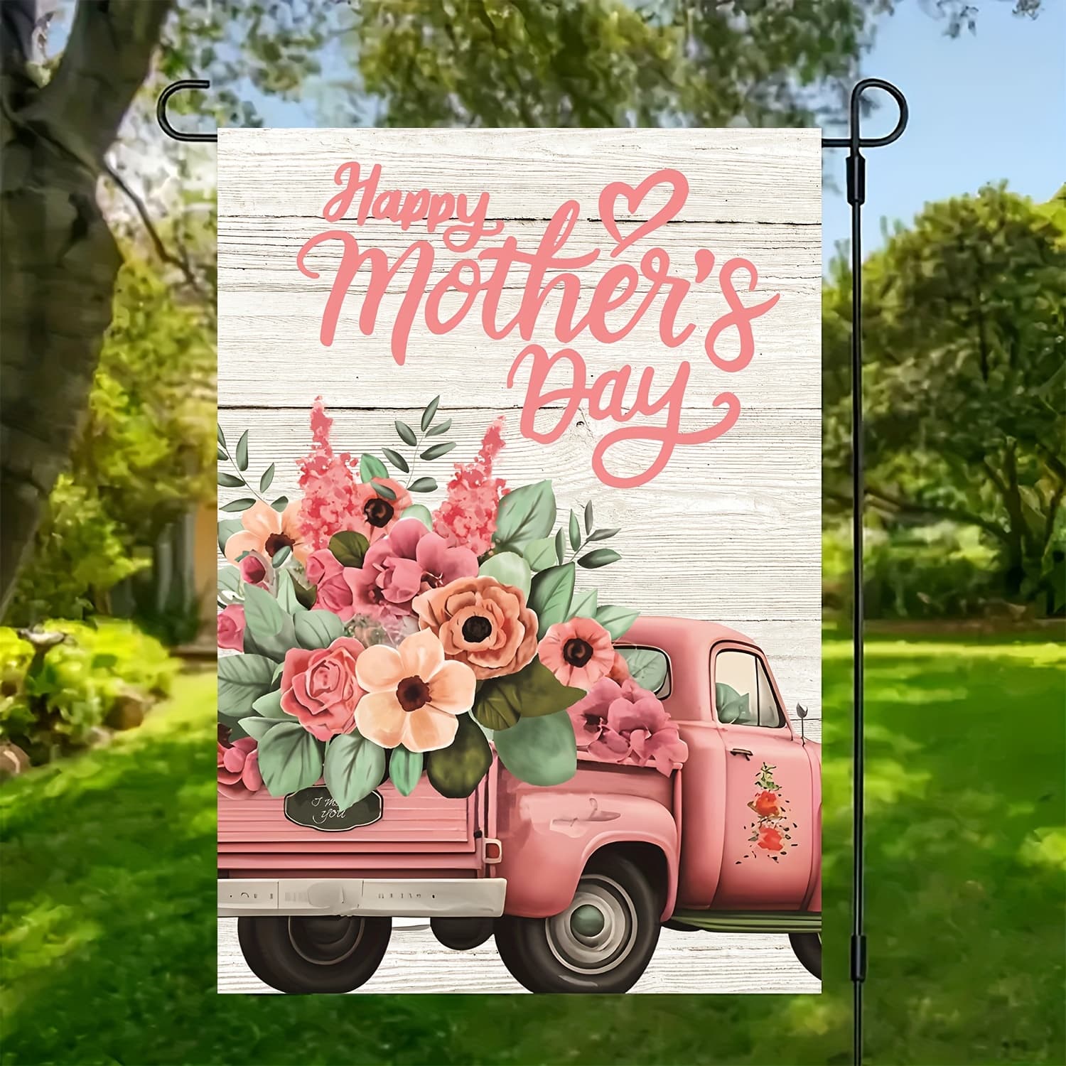 TEMU Happy Floral Flag - Double-sided, Durable Polyester, 12x18 Inches/30×45cm - Truck With Flowers Design, Outdoor Home & Yard Decor, No Pole Included