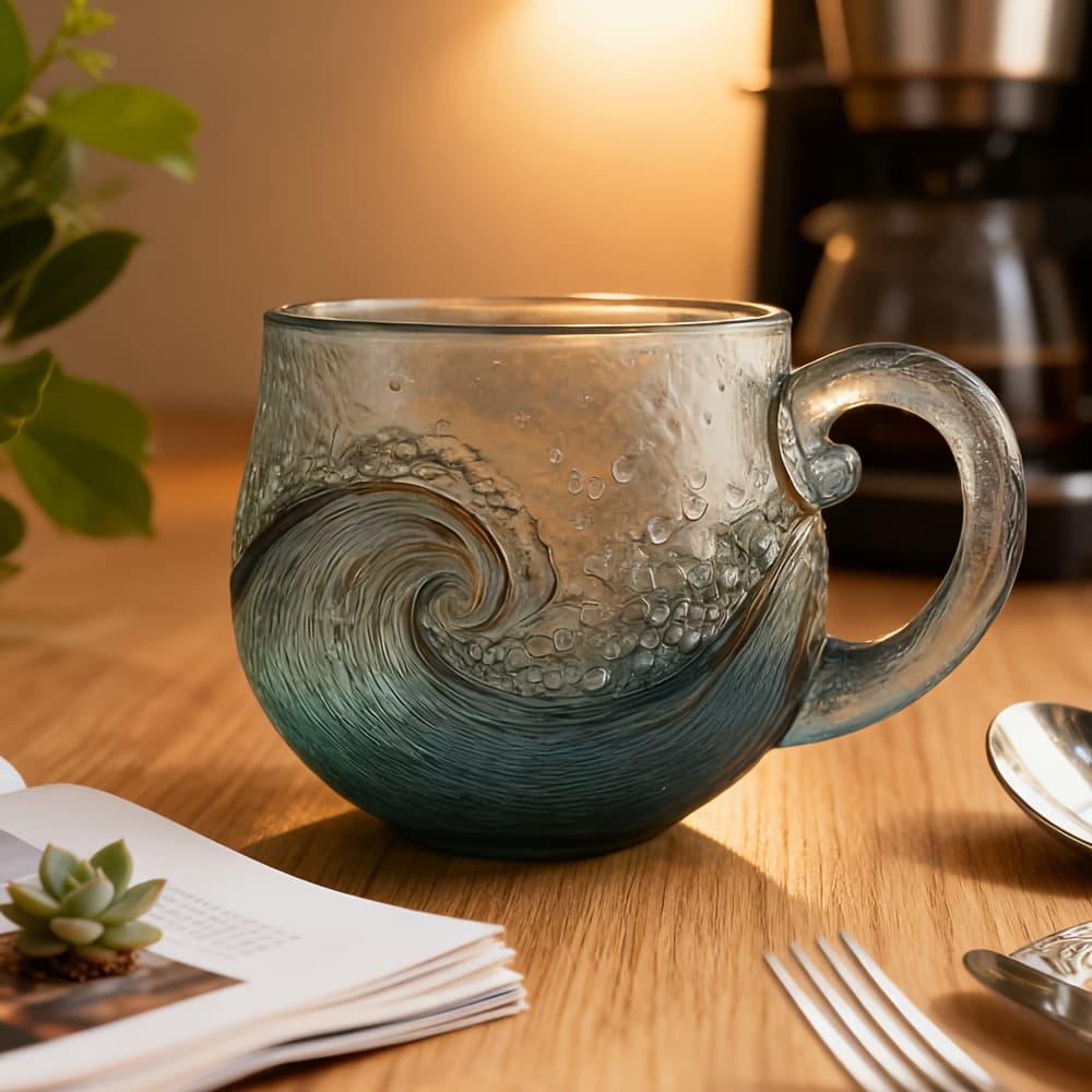 TEMU Handmade Wave Mug - Jade Green And Ocean Themed Glassware With , Reusable. Coffee, Tea, Cocktails, Sparkling Water Cups, Suitable For Home Use, Camping Party, Gift , Exquisite Cup Gift