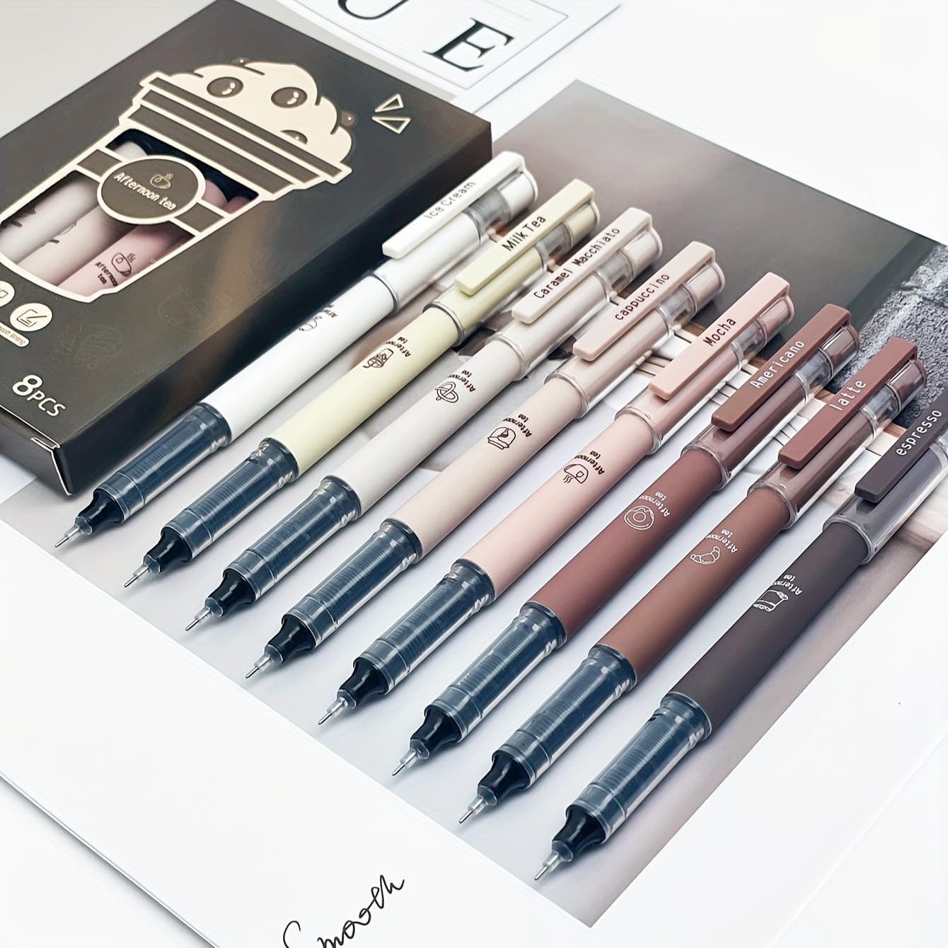 TEMU 8pcs Coffee Theme Liquid Quick-drying Black Ink Gel Pens, No Pens For Note Taking Drawing School& Office Supplies, Back To School