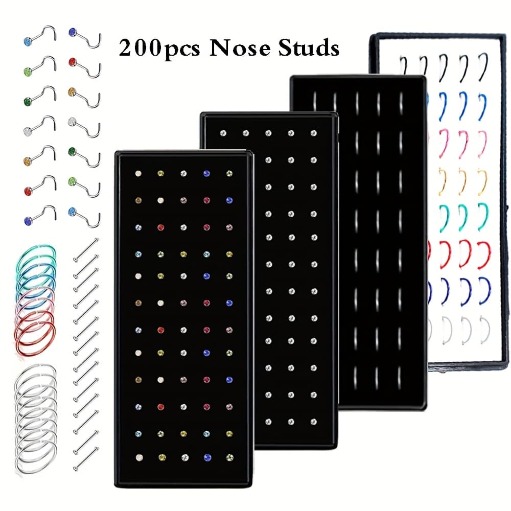 TEMU 200pcs 316l Stainless Steel Nose Ring Nail Set, Suitable For Women And Men With 20g/22g Nose Rings, Screw Bone Nose Nails, Nose Piercing Jewelry