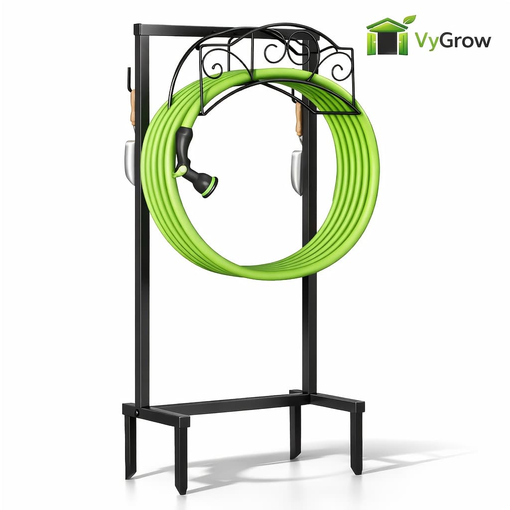 TEMU Vygrow Freestanding Garden Hose Holder Stand Heavy Duty Metal Water Hose Rack Outdoor Decorative Hose Storage Organizer With Ground Spikes For Yard Lawn Patio To 100ft Hose Rustproof Black