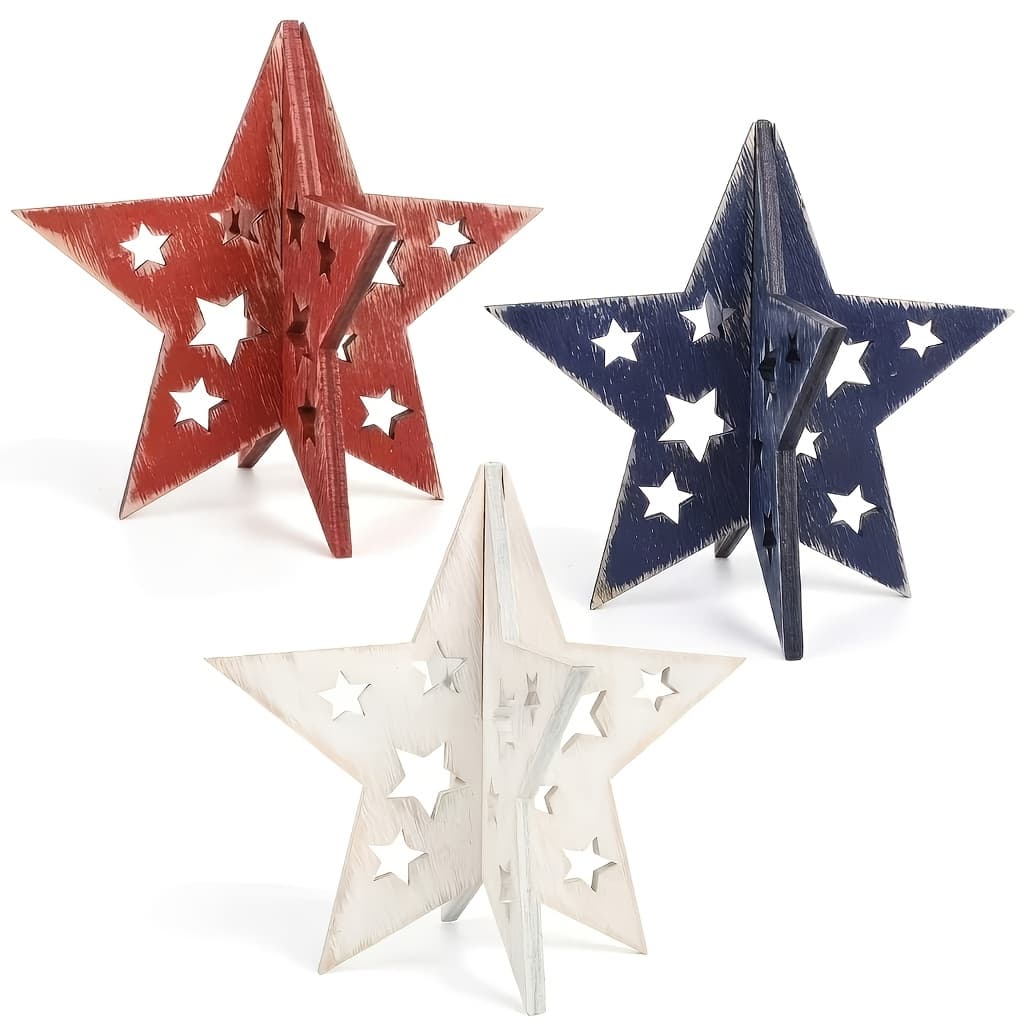 TEMU 3pcs Labor Day Wooden Star Decoration Set, 3d Memorial Day Tiered Tray Decoration, Red, White, And Blue Patriotic Decorations For The -perfect For Dining Tables, Desks, And Door Frames