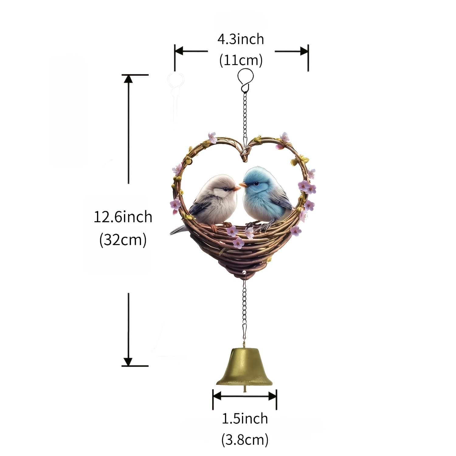 TEMU Heart-shaped Bird Chime - Wind Chime For Outdoor/hanging Decoration, Bird-themed Garden Ornament , Courtyard Porch Decoration, Suitable For Christmas And Gifts- Soothing Wind Chimes