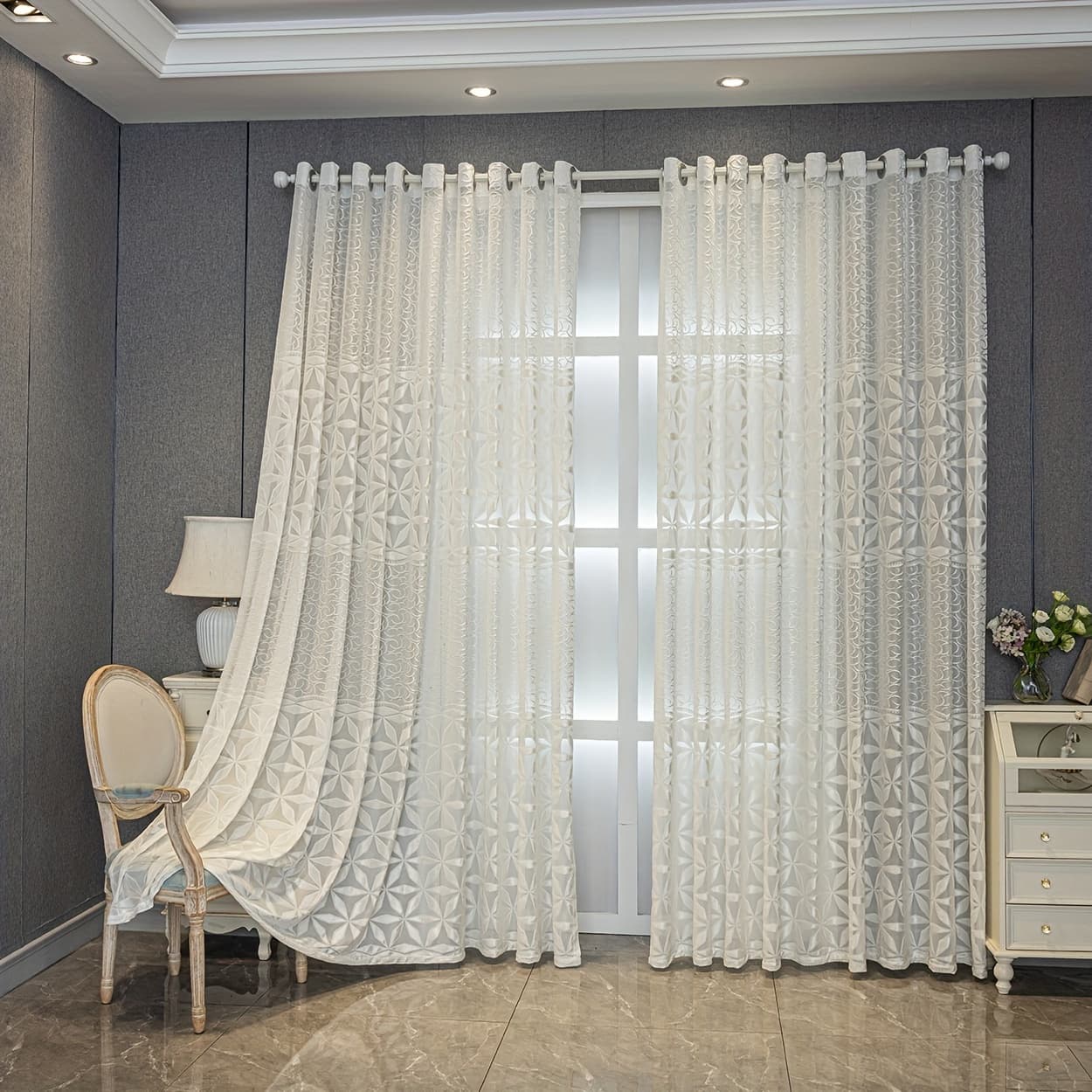 TEMU 2panels White Transparent Curtains, Top Cable Ring Hanging, Soft Jacquard Light And Breathable, Suitable For Living Room Bedroom Balcony Office Home Decoration
