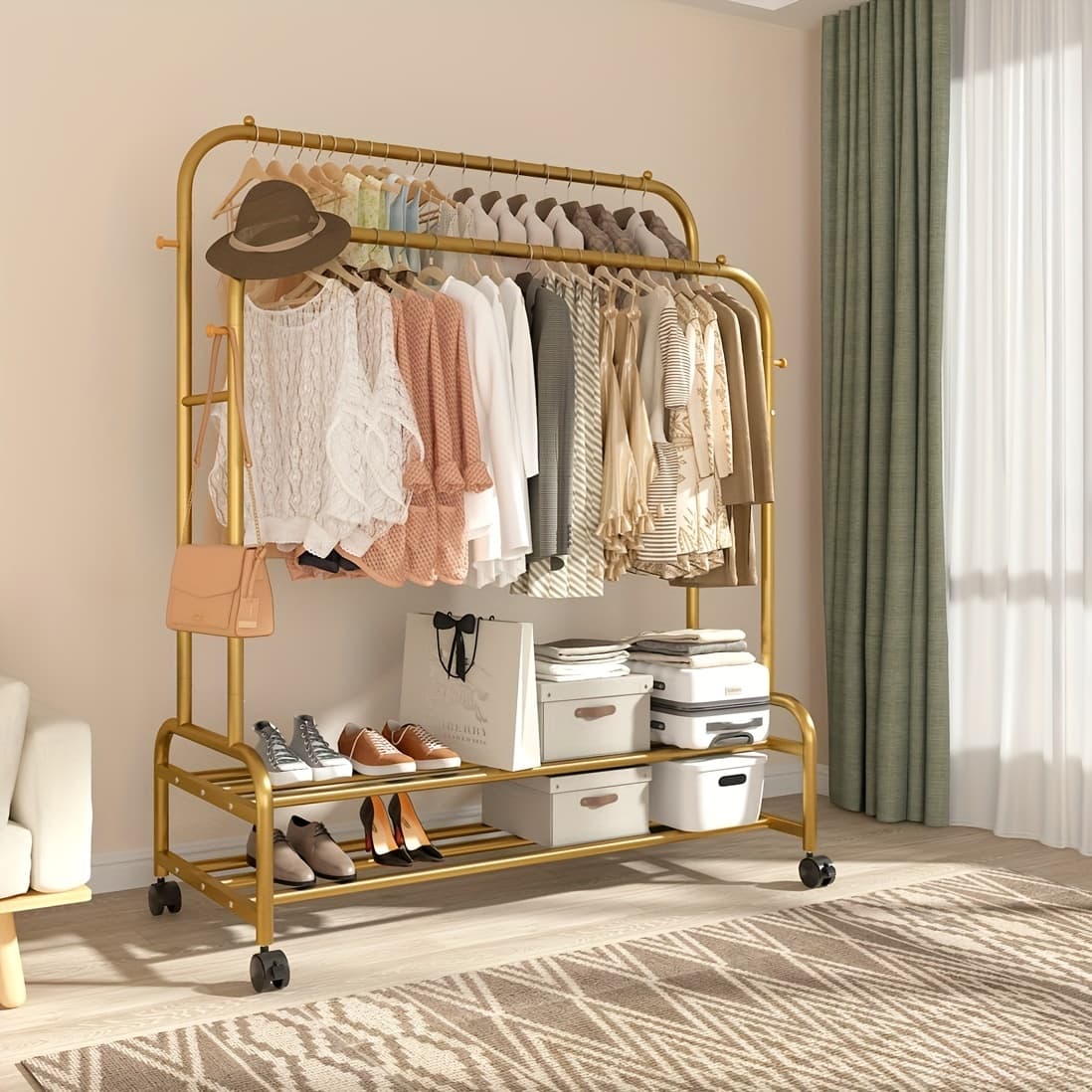 TEMU Sturdy Metal Double Rodding Clothes Rack With Wheels, Portable Clothing Rack With Shelves & Hooks, Heavy Duty For Hanging Clothes, Multi-functional Closet Rack For Bedroom, Golden