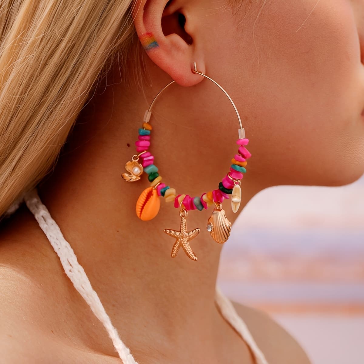 TEMU 1 Pair Of Women's Fashion Hoop Earrings; Metal Hoops With Colorful Stones And Such As Starfish/seashells Asendants; Summer Beach Ocean Vacation Bohemian Style; Ladies' Casual Holiday Party Wear.