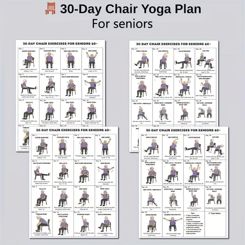 TEMU Set Of 4, 30-day Chair Yoga Challenge For Seniors, Home Exercise Guide & Fitness Plan Elderly Home Exercise Poster