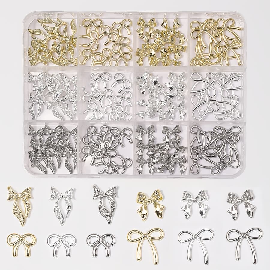 TEMU 1box 96pcs Metal Bow Nail Charms, Alloy Nail Bows 3d Golden Silvery Gray Bowknots Charms For Nails, Luxury Shiny Bowknot Nail Charms, Nail Art Accessories Manicure Nails Diy Charms