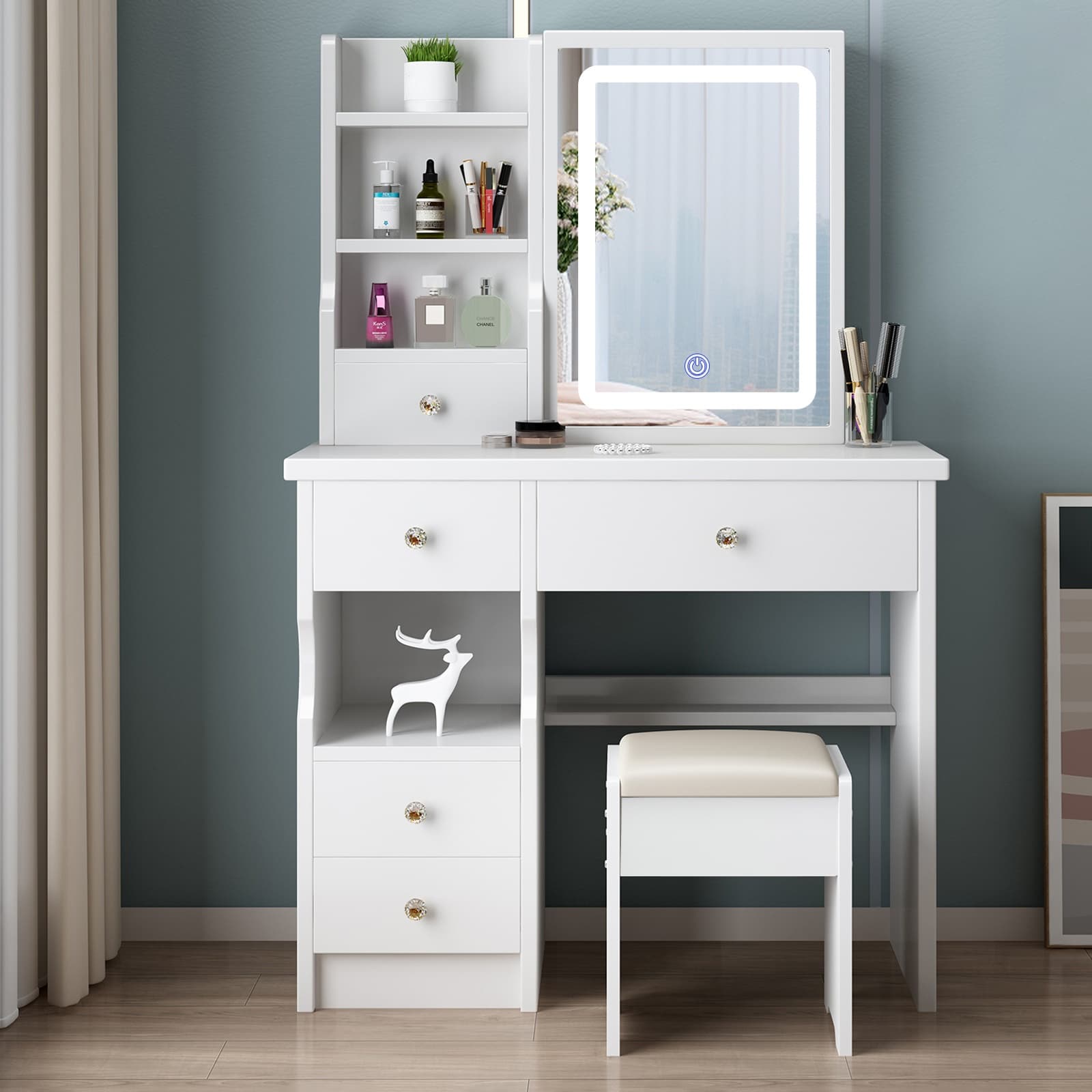 TEMU Vanity Desk, Makeup Vanity Desk With Sliding Mirror And Lights, Makeup Vanity Set With Drawers, Stool And Open Shelves, 3 Color Lighting , Brightness Adjustable Dressing Table For Bedroom