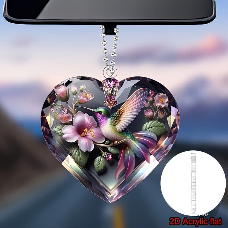 TEMU 2d Flat Elegant Hummingbird And -shaped Rearview Mirror Pendant - 2d Acrylic Design, With Rainbow Purple And Green Embellishments, Perfect For Car Decoration And Nature- Car Hanging Ornament