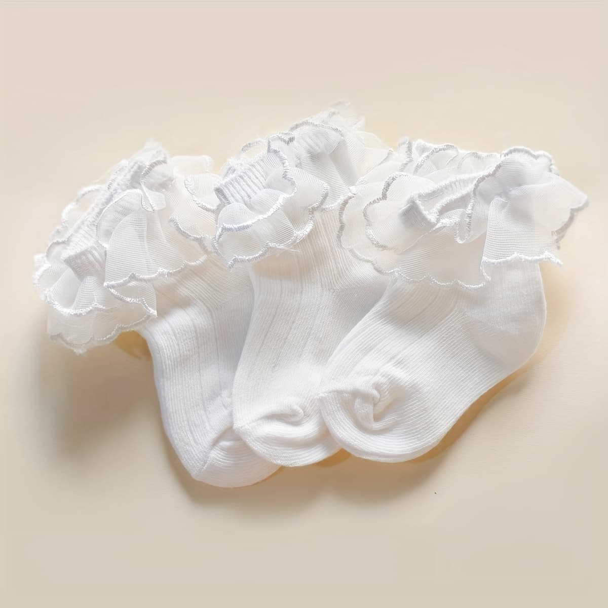 TEMU 3 Pairs Of Socks, Soft, Comfortable, Breathable, White Socks For Baby Girls, Short Socks For Baby Girls, Ballet Style Socks, Lace Edge Short, Solid Color Socks